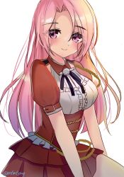 Rule 34 | 1girl, aiguillette, black ribbon, blush, breasts, frills, highres, kantai collection, long hair, luigi di savoia duca degli abruzzi (kancolle), medium breasts, neck ribbon, one-hour drawing challenge, pink eyes, pink hair, red skirt, ribbon, short sleeves, simple background, skirt, smile, solo, twitter username, white background, yoshino (mfmfpng)