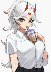 Rule 34 | 1girl, arataki itto, black skirt, bodypaint, breasts, brown eyes, bubble tea, bubble tea challenge, button gap, cup, disposable cup, facepaint, genderswap, genderswap (mtf), genshin impact, grey background, highres, horns, large breasts, long hair, looking at viewer, multicolored hair, oni horns, oni yakisoba, ponytail, red hair, shirt, simple background, skirt, solo, upper body, very long hair, white hair, white shirt