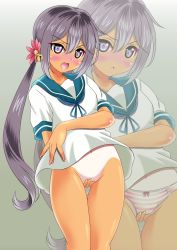 Rule 34 | 1girl, aka kitsune, akebono (kancolle), bell, blush, bottomless, covering crotch, covering privates, jingle bell, kantai collection, light purple hair, long hair, looking at viewer, navel, no panties, open mouth, panties, purple eyes, school uniform, serafuku, side ponytail, solo, striped clothes, striped panties, tan, tanline, underwear, very long hair