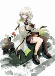 Rule 34 | 1girl, absurdres, arknights, asymmetrical legwear, bad id, bad pixiv id, black footwear, black skirt, black thighhighs, brown eyes, brown vest, camera, closed mouth, collared shirt, flower, green thighhighs, grey hair, hair ornament, highres, holding, holding camera, hood, hood down, hooded jacket, jacket, lens (arknights), long sleeves, necktie, one side up, open clothes, open jacket, pleated skirt, puffy long sleeves, puffy sleeves, red flower, red necktie, scene (arknights), shirt, shoes, single sock, single thighhigh, sitting, skirt, sleeves past wrists, socks, thighhighs, thighs, tokiwa shirube, vest, white background, white jacket, white shirt