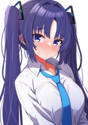Rule 34 | 1girl, alternate hairstyle, amenocchi, blue archive, blue necktie, collared shirt, commentary request, halo, highres, long hair, long sleeves, looking at viewer, necktie, parted bangs, purple eyes, purple hair, school uniform, shirt, sidelocks, simple background, solo, twintails, white background, white shirt, yuuka (blue archive)