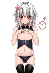 Rule 34 | 1boy, :&gt;, :3, androgynous, bare shoulders, black thighhighs, blush, bulge, erubo, flower, groin, hair flower, hair ornament, hands on own chest, looking at viewer, male focus, mars symbol, navel, nipples, original, own hands together, red eyes, short hair, sidelocks, silver hair, simple background, smile, solo, thighhighs, trap, white background, yohane bonaventura