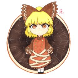 Rule 34 | 1girl, absurdres, blonde hair, bow, brown dress, brown eyes, chibi, closed mouth, commentary, commission, dated, dress, english commentary, full body, hair bow, highres, kurodani yamame, long sleeves, looking at viewer, short hair, signature, silk, solo, spider web, thatkirisame, touhou