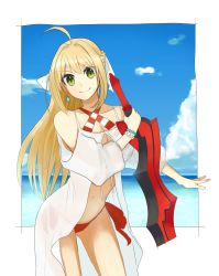 Rule 34 | ahoge, artist request, bracelet, braid, cloud, collarbone, cowboy shot, day, fate/grand order, fate (series), gluteal fold, green eyes, hair intakes, highres, jewelry, long hair, looking at viewer, navel, nero claudius (fate), nero claudius (fate) (all), nero claudius (swimsuit caster) (fate), nero claudius (swimsuit caster) (third ascension) (fate), outdoors, see-through, sky, smile, solo, standing, swimsuit, sword, water, weapon