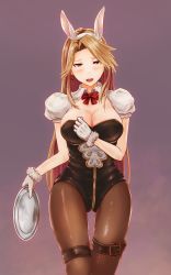 Rule 34 | 10s, 1girl, alternate costume, animal ears, breasts, brown eyes, brown pantyhose, cleavage, collarbone, fake animal ears, gloves, gradient background, granblue fantasy, hands on own chest, highres, katalina (granblue fantasy), large breasts, leg belt, leotard, light brown hair, lips, lipstick, long hair, makeup, pantyhose, pink background, playboy bunny, purple background, rabbit ears, shiro (maple syrup9), skindentation, solo, tray, waitress, white gloves