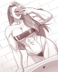Rule 34 | 1girl, abs, breasts, casual one-piece swimsuit, cleavage, covered navel, covering face, freckles, greyscale, gris swimsuit, highleg, highleg swimsuit, highres, indoors, long hair, meme attire, monochrome, muscular, muscular female, musketsgoboom, one-piece swimsuit, original, see-through, see-through one-piece swimsuit, selfie, sink, smile, strapless, strapless one-piece swimsuit, swimsuit, tile wall, tiles, tongue, tongue out, underboob