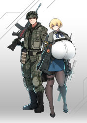 Rule 34 | 1boy, 1girl, absurdres, assault rifle, blonde hair, blue eyes, blush, boots, bow, breasts, camouflage, closed mouth, curvy, full body, gigantic breasts, girls&#039; frontline, gloves, gun, hair ornament, helmet, highres, howa type 89, jacket, knee pads, konoshige (ryuun), looking at viewer, military, military uniform, over shoulder, pantyhose, pixie cut, rifle, shirt, shoes, short hair, skirt, sniper rifle, standing, suppressor, thick thighs, thighs, uniform, vsk-94, vsk-94 (girls&#039; frontline), weapon, weapon over shoulder, wide hips