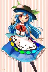 Rule 34 | 1girl, :d, black hat, black legwear, blue hair, blue skirt, commentary request, food, frills, fruit, hand over eye, hat, highres, hinanawi tenshi, leaf, long hair, looking at viewer, neck ribbon, open mouth, peach, puffy short sleeves, puffy sleeves, rainbow order, red eyes, red ribbon, ribbon, short sleeves, signature, skirt, smile, solo, striped, striped background, touhou, vertical stripes, welt (kinsei koutenkyoku)