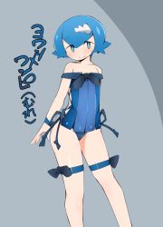 Rule 34 | 1girl, abarai (abarabone), alternate costume, arm behind back, bare shoulders, blue eyes, blue hair, blue panties, blue shirt, blush, closed mouth, collarbone, creatures (company), female focus, flat chest, game freak, gen 7 pokemon, grey background, hair ornament, hairclip, happy, highres, japanese text, jpeg artifacts, lana (pokemon), looking at viewer, matching hair/eyes, nintendo, off shoulder, panties, pokemon, pokemon sm, shiny clothes, shiny skin, shirt, short hair, side-tie panties, simple background, sleeveless, sleeveless shirt, smile, solo, standing, thigh strap, translation request, trial captain, two-tone background, underwear, wishiwashi, wishiwashi (school), wristband