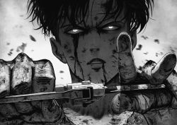 Rule 34 | 1boy, black hair, bleeding, blood, blood on face, greyscale, highres, holding, holding weapon, looking at viewer, male focus, manip, monochrome, monochrome, parted lips, shingeki no kyojin, simple background, solo, upper body, weapon, white background