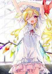 Rule 34 | 1girl, alternate costume, arms up, blonde haired cure (bomber girls precure) (happinesscharge precure!), cowboy shot, crystal, curtains, dress, flandre scarlet, frilled skirt, frilled sleeves, frills, hat, hat ribbon, highres, hinasumire, long hair, mob cap, one eye closed, one side up, open mouth, red eyes, red neckwear, red ribbon, ribbon, shirt, short sleeves, side ponytail, skirt, solo, stretching, touhou, wavy hair, white dress, white shirt, wings