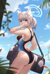 Rule 34 | 1girl, animal ear fluff, animal ears, ass, bag, black one-piece swimsuit, blue archive, blue eyes, blue sky, blurry, breasts, cloud, competition swimsuit, covered navel, cross hair ornament, day, depth of field, extra ears, grey hair, hair ornament, halo, looking at viewer, low ponytail, medium breasts, medium hair, mismatched pupils, multicolored clothes, multicolored swimsuit, one-piece swimsuit, outdoors, relayrl, shiroko (blue archive), shiroko (swimsuit) (blue archive), sky, solo, swimsuit, wolf ears