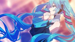 Rule 34 | 1girl, black sleeves, blue eyes, blue hair, blue nails, blurry, blurry background, detached sleeves, floating hair, from side, hair between eyes, hatsune miku, highres, long hair, long sleeves, matsuda toki, nail polish, own hands clasped, own hands together, parted lips, profile, solo, upper body, very long hair, vocaloid