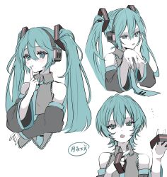 Rule 34 | 1girl, alternate hair length, alternate hairstyle, bare shoulders, blue hair, blue nails, blue necktie, blush, closed mouth, collared shirt, detached sleeves, fang, fingernails, grey shirt, hair between eyes, hair ornament, hand on own face, hand up, hands up, hatsune miku, headphones, highres, index finger raised, long fingernails, long hair, long sleeves, looking at viewer, naguno-0713, nail polish, necktie, open mouth, pointing, shirt, short hair, sidelocks, simple background, solo, twintails, upper body, vocaloid, white background, wide sleeves