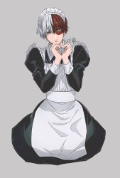 Rule 34 | 1boy, alternate costume, apron, artist name, boku no hero academia, burn scar, commentary, cropped legs, crossdressing, dark red hair, dress, enmaided, frilled apron, frills, green eyes, grey background, grey eyes, grey hair, hair between eyes, heart, heart hands, heterochromia, highres, juliet sleeves, long sleeves, looking at viewer, maid, maid apron, maid headdress, male focus, male maid, multicolored hair, parted lips, puffy sleeves, sanpaku, sasaki kura, scar, scar on hand, short hair, signature, simple background, sleeve cuffs, solo, split-color hair, straight-on, todoroki shouto, two-tone dress, two-tone hair, white apron, white dress