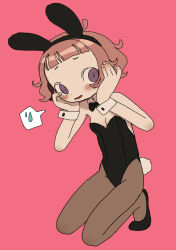 1girl animal_ears black_bow black_bowtie black_pantyhose blunt_bangs blush bow bowtie breasts cleavage detached_collar forehead highres ikuta_semi kneeling leotard messy_hair original pantyhose pink_background pink_hair playboy_bunny purple_eyes rabbit_ears rabbit_tail short_hair small_breasts spoken_sweatdrop sumomo_(ikuta_semi) sweatdrop tail wrist_cuffs