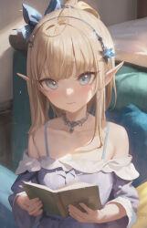 Rule 34 | 1girl, absurdres, ahoge, bare shoulders, bingwei huang, blonde hair, blue bra, blue eyes, blush, book, bow, bra, bra strap, collarbone, commentary, dress, elf, hair bow, hair ornament, hairband, highres, holding, holding book, indoors, jewelry, long sleeves, looking at viewer, medium hair, necklace, off-shoulder dress, off shoulder, open book, original, pointy ears, purple dress, solo, symbol-only commentary, underwear, upper body