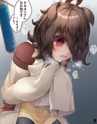 Rule 34 | 1girl, 1koma, absurdres, agnes tachyon (umamusume), ahoge, animal ears, brown hair, comic, commentary request, crying, crying with eyes open, ears down, empty eyes, gradient background, grey background, hair over one eye, heavy breathing, hibiki (zerocodo), highres, lab coat, long bangs, long sleeves, medium hair, messy hair, ptsd, signature, sleeves past fingers, sleeves past wrists, solo focus, speech bubble, sweater, tears, test tube, translated, trembling, umamusume, upper body, visible air, yellow sweater