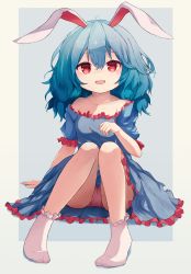 Rule 34 | 1girl, animal ears, ar (maeus), blue dress, blue hair, collarbone, dress, fang, grey background, highres, knees together feet apart, no shoes, open mouth, panties, rabbit ears, red eyes, seiran (touhou), short sleeves, socks, solo, touhou, underwear, upskirt