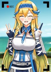 Rule 34 | 1girl, :d, absurdres, arknights, asymmetrical gloves, black gloves, blonde hair, blue hairband, blue necktie, blue sky, blush, breasts, closed eyes, commentary request, day, double w, facing viewer, gloves, hair between eyes, hairband, hands up, highres, horns, large breasts, long hair, mismatched gloves, necktie, open mouth, outdoors, partial commentary, pointy ears, saileach (arknights), shirt, sky, smile, solo, uiru (uiruuun), upper body, very long hair, w, white gloves, white shirt