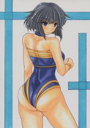 Rule 34 | 1girl, ass, back, black hair, blue eyes, breasts, leotard, lips, looking back, minami toshimi, short hair, small breasts, solo, traditional media, wrestle angels, wrestle angels survivor, wrestling outfit, yutakasan-love