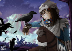 Rule 34 | 1girl, absurdres, animification, aoba takeru, apex legends, artist name, bird, bird on hand, black gloves, black hair, blood, blood on face, bloodhound (apex legends), boots, brown footwear, brown pants, crow, feathers, fingerless gloves, from side, gender request, genderswap, gloves, highres, looking ahead, mask, mask on head, open mouth, pants, sitting, skull mask, smile, solo, young blood bloodhound