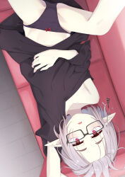 Rule 34 | 1girl, black-framed eyewear, black panties, black shirt, bow, bow bra, bow panties, bra, collarbone, commentary request, couch, forehead, from above, glasses, grey hair, highres, letty (ogami kazuki), looking at viewer, lying, off shoulder, ogami kazuki, on back, on couch, original, panties, pointy ears, red eyes, shirt, short sleeves, side-tie panties, solo, spread legs, thick eyebrows, underwear, upside-down, white panties