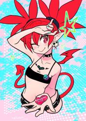 Rule 34 | 1girl, arm up, blush, choker, crop top, cropped legs, demon girl, demon tail, demon wings, disgaea, earrings, etna (disgaea), flat chest, heart, heart-shaped pupils, hekaton, jewelry, looking at viewer, micro shorts, mini wings, navel, one eye closed, pointy ears, red eyes, red hair, red wings, shorts, skull earrings, smile, solo, spiked choker, spikes, symbol-shaped pupils, tail, valentine, wings