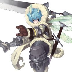 Rule 34 | 1boy, armor, black eyes, blue hair, blush, breastplate, brown gloves, chainmail, closed mouth, crack, fairy wings, gloves, greaves, hair between eyes, highres, holding, holding sword, holding weapon, hood, hood up, huge weapon, light blue hair, male focus, multiple wings, original, scabbard, scratches, sheath, sheathed, short eyebrows, simple background, sister plz, solo, sword, torn, torn clothes, vambraces, weapon, white background, wings, winter clothes