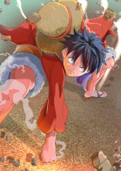 1boy black_hair closed_mouth debris facial_scar frown fur-trimmed_shorts fur_trim gear_second hat hat_on_back highres male_focus monkey_d._luffy one_piece orange_shorts red_shirt sandals scar scar_on_cheek scar_on_face shirt short_hair shorts steam straw_hat uesugi_artbar