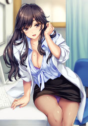 Rule 34 | 1girl, :d, arm support, black hair, black skirt, blue shirt, blurry, blurry background, blush, boku to joi no shinsatsu nisshi, bra, bra peek, breasts, brown eyes, character request, cleavage, coat, collarbone, copyright request, curtains, feet out of frame, hair between eyes, hand in own hair, hand up, highres, indoors, keyboard (computer), large breasts, long hair, looking at viewer, miniskirt, mole, mole on breast, monety, monitor, nail polish, open clothes, open coat, open mouth, panties, pantyhose, pantyshot, pencil skirt, pink nails, pocket, purple bra, purple panties, shadow, shirt, short sleeves, sitting, skirt, smile, solo, swivel chair, thighs, underwear, white coat, wing collar