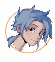 Rule 34 | 1boy, blue-haired boy (how to draw manga), blue hair, blush, closed mouth, derivative work, forehead, grey eyes, hair intakes, hair tie, happy, highres, how to draw manga, how to draw manga redraw challenge (meme), light blush, looking at viewer, male focus, medium hair, meme, ponytail, portrait, shirotani, sidelocks, simple background, sketch, smile, solo, white background