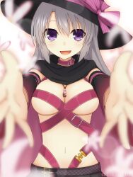 Rule 34 | 1girl, :d, ayachi nene, belt, belt bra, black cloak, black hat, black sleeves, blurry, blush, bow, breasts, cleavage, cloak, commentary request, depth of field, detached sleeves, foreshortening, grey hair, hair between eyes, hat, hat bow, highres, incoming hug, jewelry, large breasts, long hair, long sleeves, looking at viewer, navel, necklace, open mouth, outstretched arms, pink belt, pink bow, purple eyes, sanoba witch, simple background, smile, solo, stomach, straight-on, tokisakijp, twitter username, white background, wide sleeves, witch hat