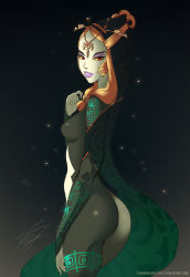 Rule 34 | 1girl, ass, black background, breasts, cape, colored sclera, colored skin, curvy, eyeshadow, gradient background, headpiece, highres, hip focus, huge ass, lipstick, looking at viewer, makeup, medium breasts, midna, midna (true), multicolored skin, naked cape, nintendo, nude, orange hair, red eyes, solo, standing, the legend of zelda, the legend of zelda: twilight princess, thick thighs, thighs, tirnanogindustries, white skin, wide hips, yellow sclera