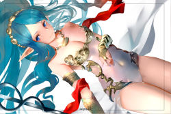 Rule 34 | 1girl, bare shoulders, blue eyes, blue hair, blue nails, breasts, bridal gauntlets, cleavage, collarbone, granblue fantasy, highres, kumonji aruto, leotard, long hair, medium breasts, nail polish, navel, neptune (granblue fantasy), pointy ears, polearm, smile, solo, trident, very long hair, weapon