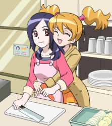 Rule 34 | 00s, 2girls, :d, apron, blonde hair, carrot, cooking, couple, cup, cupboard, closed eyes, fresh precure!, happy, higashi setsuna, hug, hug from behind, kitchen, kitchen knife, knife, momozono love, multiple girls, open mouth, plate, plate stack, precure, purple hair, sleeves rolled up, smile, syo-syo, twintails, yuri