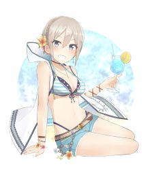 Rule 34 | 1girl, arm support, belt, bikini, blue shorts, braid, breasts, choker, cleavage, collarbone, crown braid, cup, drinking straw, earrings, grey eyes, grin, hair between eyes, highleg, highleg bikini, highres, holding, holding cup, idolmaster, idolmaster cinderella girls, idolmaster cinderella girls starlight stage, jewelry, looking at viewer, medium breasts, multi-strapped bikini, navel, necklace, shiomi syuko, short hair, short shorts, shorts, silver hair, smile, solo, stomach, swimsuit, teku x2, white background