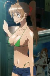 Rule 34 | 1girl, antenna hair, beach house, bikini, breasts, brown hair, cleavage, denim, denim shorts, g-string, highres, highschool of the dead, large breasts, long hair, miyamoto rei, orange hair, ponytail, screencap, shorts, stitched, swimsuit, swimsuit under clothes, third-party edit, thong, thong bikini, underboob, whale tail (clothing)