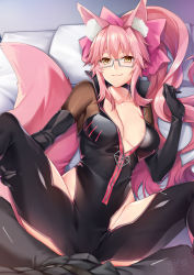 Rule 34 | 1boy, 1girl, animal ear fluff, animal ears, black gloves, black pants, bodysuit, breasts, choker, cleavage, closed mouth, collarbone, commentary request, elbow gloves, fate/grand order, fate (series), fox ears, fox girl, fox tail, glasses, gloves, highres, koyanskaya (assassin) (first ascension) (fate), koyanskaya (fate), large breasts, long hair, looking at viewer, lying, on back, pants, pillow, pink hair, ponytail, purple choker, smile, solo focus, spread legs, tail, tamamo (fate), thighs, tsuki tokage, yellow eyes
