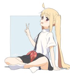 Rule 34 | 1girl, aayh, ahoge, black skirt, blonde hair, blue background, bocchi the rock!, collared shirt, commentary request, dress shirt, feet, full body, hand up, ijichi nijika, long hair, no shoes, pleated skirt, shadow, shirt, short sleeves, side ponytail, sitting, skirt, socks, solo, two-tone background, v, very long hair, white background, white shirt, white socks