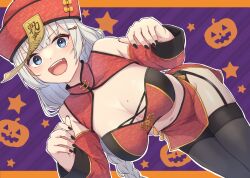 Rule 34 | 1girl, alternate costume, black nails, blue eyes, breasts, chinese clothes, cleavage, detached sleeves, fang, garter straps, halloween, hands up, hat, jack-o&#039;-lantern print, jiangshi, kizuna akari, large breasts, long hair, midriff, open mouth, shun (b.c), side slit, solo, stomach, talisman, thighhighs, voiceroid, white hair