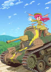 Rule 34 | 1girl, alternate costume, bad id, bad pixiv id, bat wings, boots, breasts, caterpillar tracks, chi-ha, embodiment of scarlet devil, fang, female focus, head wings, imperial japanese army, koakuma, kuresento, large breasts, military, military uniform, military vehicle, motor vehicle, on vehicle, open mouth, red eyes, red hair, sitting, solo, tank, touhou, uniform, vehicle, wings