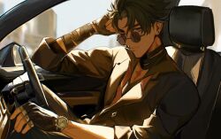 Rule 34 | 1boy, alternate costume, black hair, car, car seat, commentary, english commentary, fingerless gloves, gauze on arm, gauze on neck, genshin impact, gloves, highres, jewelry, looking at viewer, messy hair, motor vehicle, ring, solo, steering wheel, suncoze, sunglasses, tan, watch, wriothesley (genshin impact)