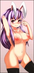 Rule 34 | 1girl, animal ears, armpits, black thighhighs, breasts, female focus, female pubic hair, hair ornament, large areolae, large breasts, long hair, navel, nipples, nude, oozon (ozon), pubic hair, purple hair, pussy, rabbit ears, red eyes, reisen udongein inaba, solo, standing, thighhighs, touhou, uncensored