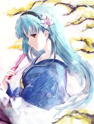 Rule 34 | 1girl, agulo, blue hair, blue kimono, branch, brown eyes, flower, folding fan, from side, hair flower, hair ornament, hairband, hand fan, highres, holding, holding fan, japanese clothes, kimono, long hair, looking at viewer, rance (series), sengoku rance, solo, tree, white background, yukihime (sengoku rance)