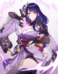 Rule 34 | 1girl, absurdres, braid, breasts, bridal gauntlets, cleavage, drawing sword, electricity, flower, genshin impact, hair ornament, highres, holding, holding sword, holding weapon, human scabbard, japanese clothes, kimono, large breasts, long hair, long sleeves, looking at viewer, low-braided long hair, low-tied long hair, mitsudomoe (shape), mole, mole under eye, musou isshin (genshin impact), obi, purple eyes, purple flower, purple hair, purple kimono, purple nails, raiden shogun, sakotach, sash, serious, simple background, solo, sword, thick thighs, thighhighs, thighs, tomoe (symbol), very long hair, weapon, white background