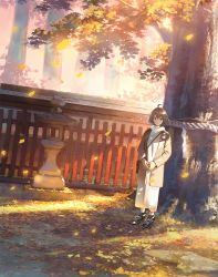 Rule 34 | 1girl, ahoge, autumn, autumn leaves, bag, black footwear, blue eyes, blush, brown coat, brown hair, building, closed mouth, coat, dress, falling leaves, fence, full body, highres, leaf, long sleeves, looking at viewer, open clothes, open coat, original, own hands together, rope, shoes, shoichi (ekakijin), shoulder bag, smile, sneakers, solo, standing, stone lantern, tree, white dress