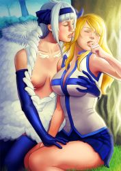 Rule 34 | 2girls, angel (fairy tail), bare shoulders, biting, blonde hair, blue skirt, blush, breasts, cleavage, closed eyes, dianavigo, elbow gloves, fairy tail, feathers, gloves, grabbing, grass, hair ribbon, large breasts, long hair, lucy heartfilia, multiple girls, nature, nipples, open mouth, pleated skirt, realistic, ribbon, short hair, skirt, small breasts, tattoo, thighhighs, thighs, tree, vest, white hair, wings, yuri