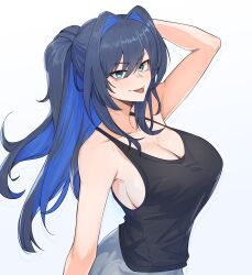 Rule 34 | 1girl, arm behind head, arm up, black hair, blue eyes, blue hair, breasts, cleavage, collarbone, hair intakes, highres, hololive, hololive english, large breasts, long hair, looking at viewer, multicolored hair, nokaa aru, ouro kronii, ponytail, sideboob, smile, solo, tongue, tongue out, upper body, virtual youtuber