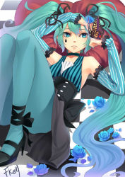 Rule 34 | 1girl, aqua eyes, aqua hair, bug, butterfly, butterfly on hand, detached sleeves, facial mark, fkey, flower, green pantyhose, hatsune miku, high heels, insect, jpeg artifacts, long hair, lying, nail polish, on back, panties, panties under pantyhose, pantyhose, petals, rose, shoes, solo, striped, twintails, underwear, very long hair, vocaloid